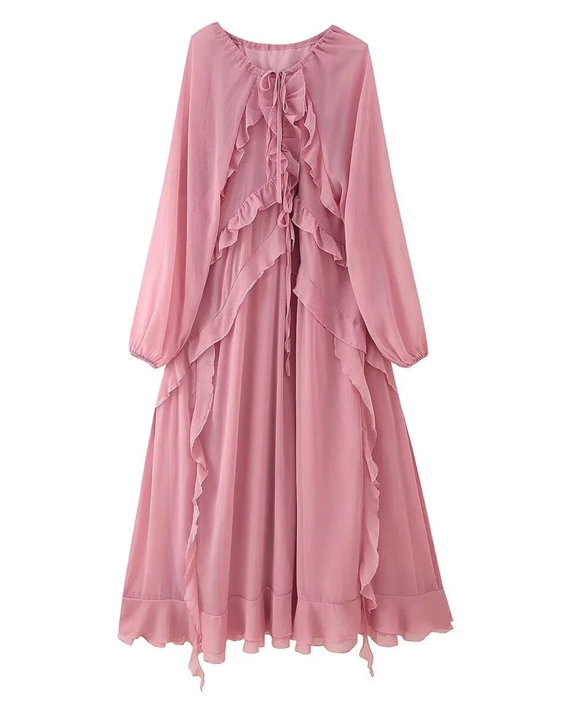 Vestido Longo com Babados e Renda – Estilo Romântico e Sofisticado