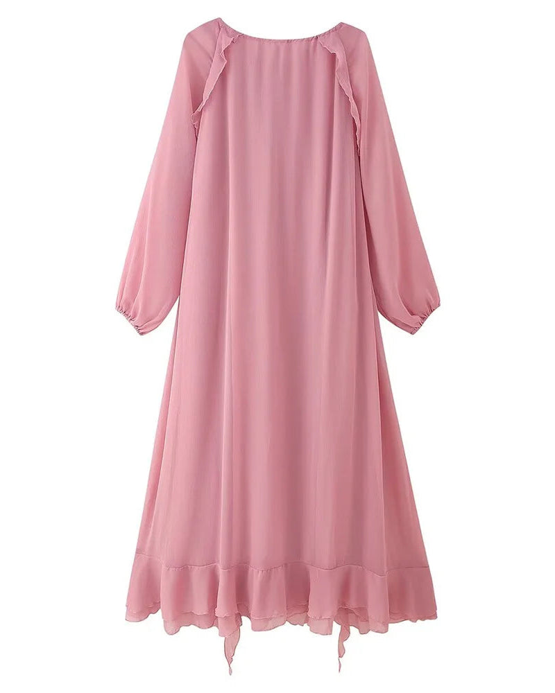 Vestido Longo com Babados e Renda – Estilo Romântico e Sofisticado