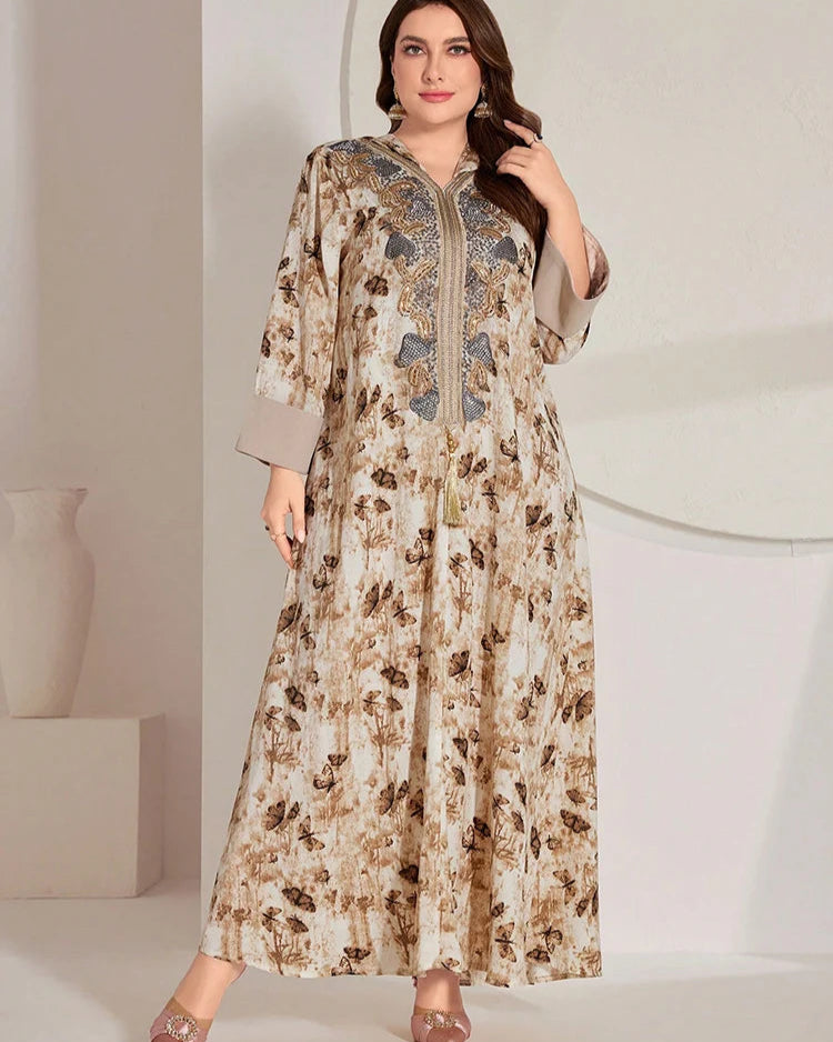 Encanto de Borboletas – Vestido Árabe Maxi Luxo Plus Size