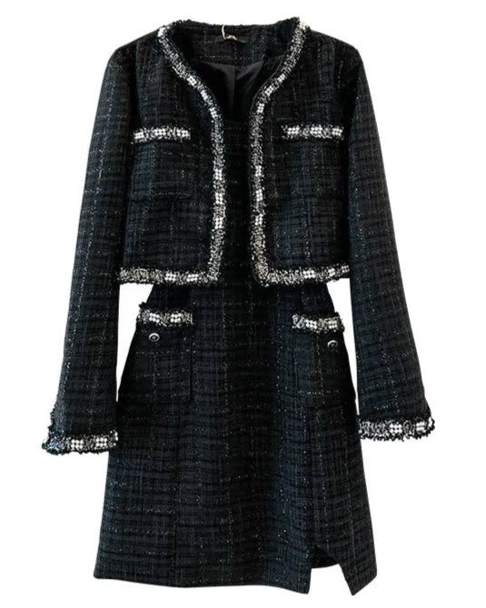 Conjunto Plus Size Noir Chic – Vestido de Alça com Casaco para o Outono