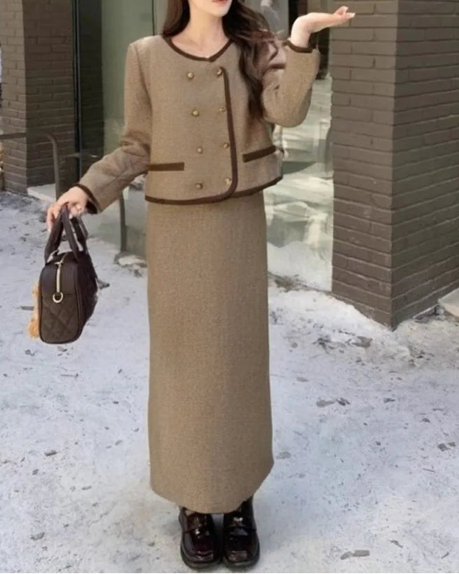 Conjunto Plus Size Charme Parisiense – Jaqueta e Saia de Cintura Alta