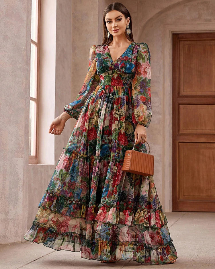 Vestido Maxi Boho "Jardim Antigo" – Elegância Vintage com Estampa Floral